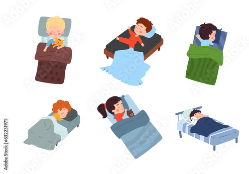 Set of happy sleeping children in different poses flat style