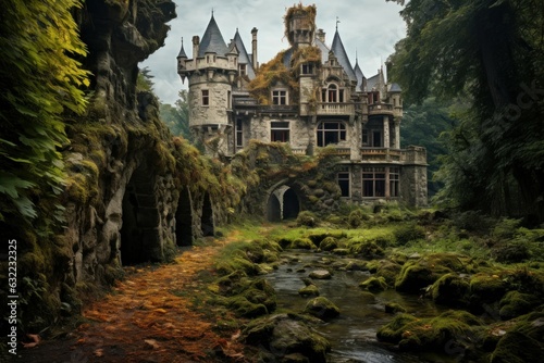 Vintage castle revealing its haunted past. Generate Ai