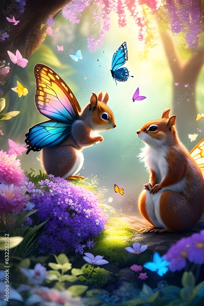 butterfly, squirrel and flowers