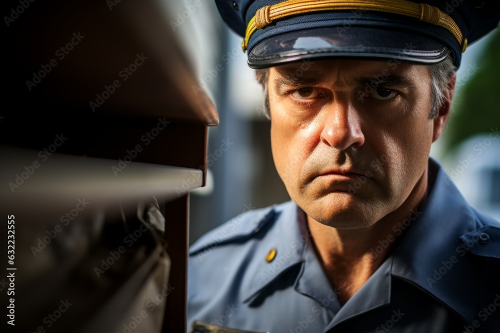 Middle-aged american postman standing next to mailbox receipt front door suburban area mail delivery courier hat mailman delivering packages correspondence parcels man employee occupation post service
