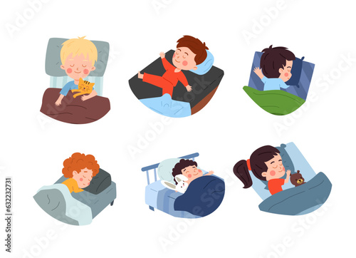 Set of little boys and girls sleeping peacefully in bed, flat vector illustration isolated on white background.