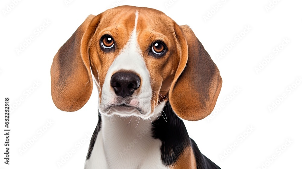 Adorable Beagle Dog Head Isolated on White Background. Beautiful Attentive Animal of Beagle Breed: Generative AI