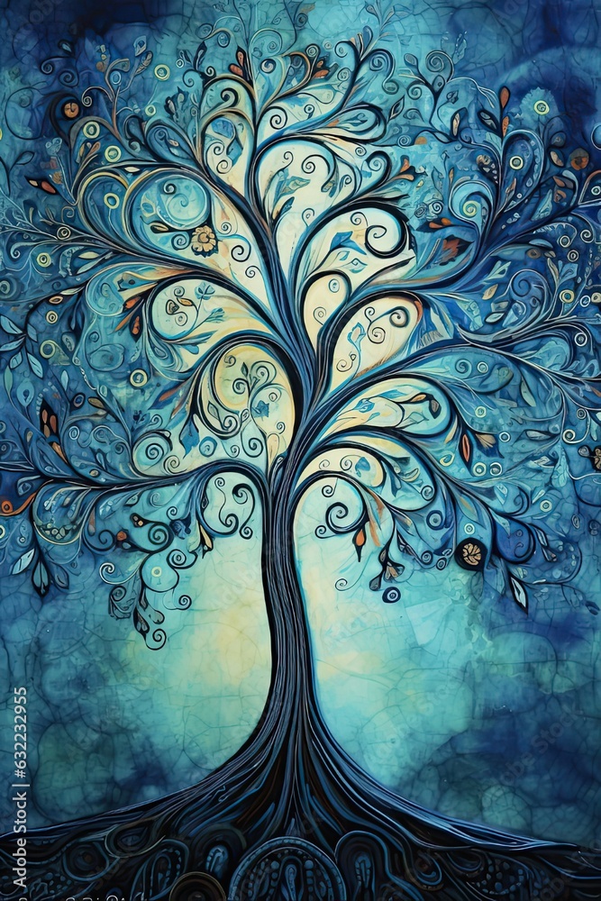 Blue Tree Of Life - A Fantasy Artwork with Ornamental Roots and Leaves ...