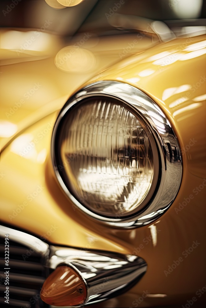 Close-up of Matte Gold Car Headlight - Antique Electric Automobile: Generative AI