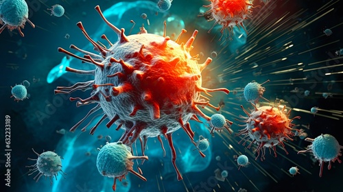 Immunotherapy Treatment for Cancer Cells: Science Illustration of Attacking and Destroying Cancer Cells for Better Health Care and Medicine: Generative AI photo