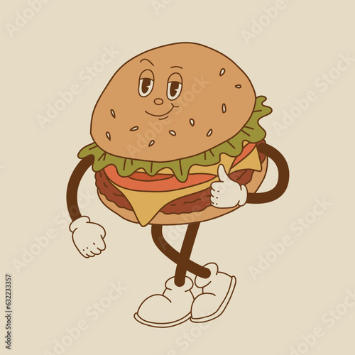 Vector cartoon retro mascot of bread, pastry, burger, sandwich. Vintage style 70s, 60s, 50s character. Groovy art for bakery and restaurants