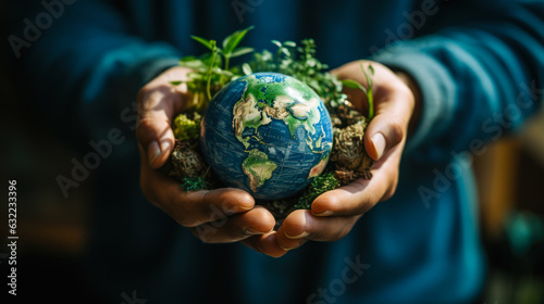 save planet earth concept, ecology planet in hand generative ai