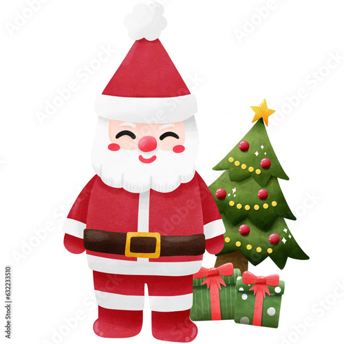 hand drawn Santa Claus with christmas tree and gift box png illustration, winter concept isolated background.