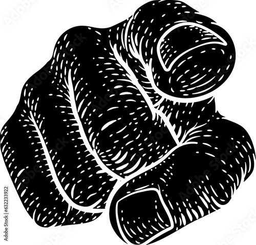 A hand pointing a finger at you in a retro vintage woodcut style