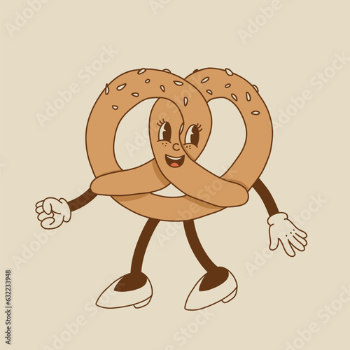 Vector cartoon retro mascot of bread, pastry, burger, sandwich. Vintage style 70s, 60s, 50s character. Groovy art for bakery and restaurants