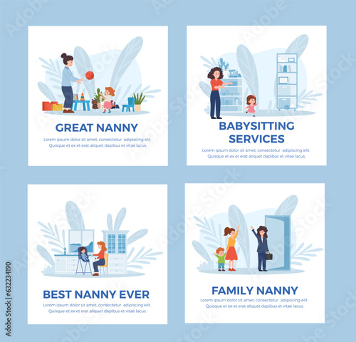 Set of vector illustrations of Family Babysitter services, nanny feeds, plays with child, background of rooms and leaves in blue color