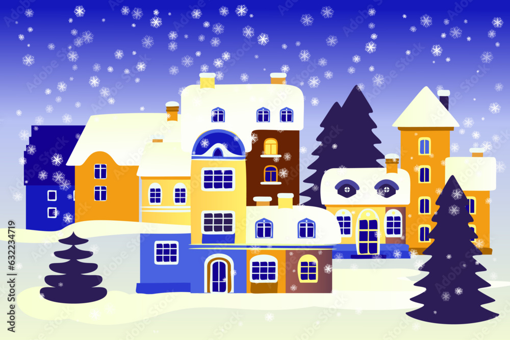 Christmas landscape. Night city. Digital illustration.