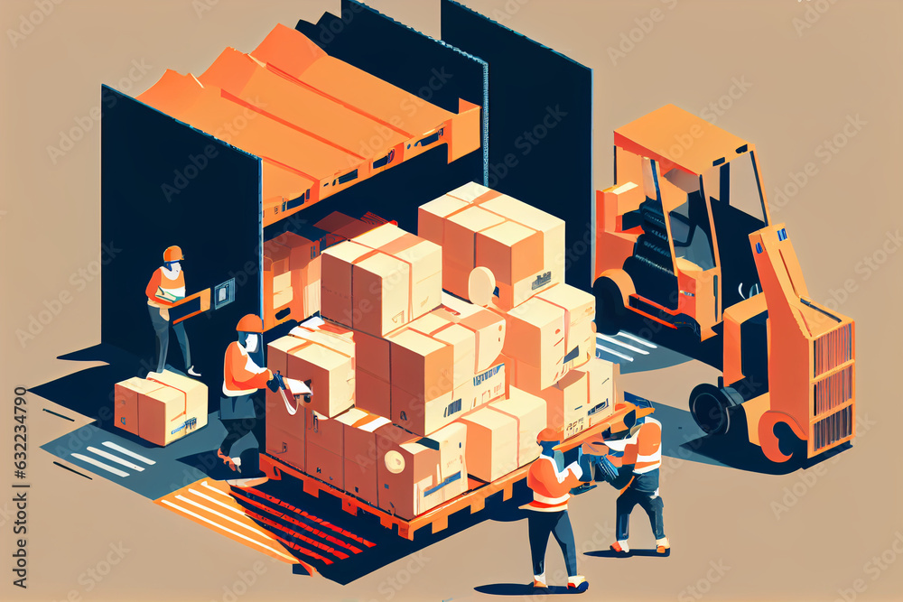 Loading and unloading goods and boxes in the warehouse. A forklift and ...