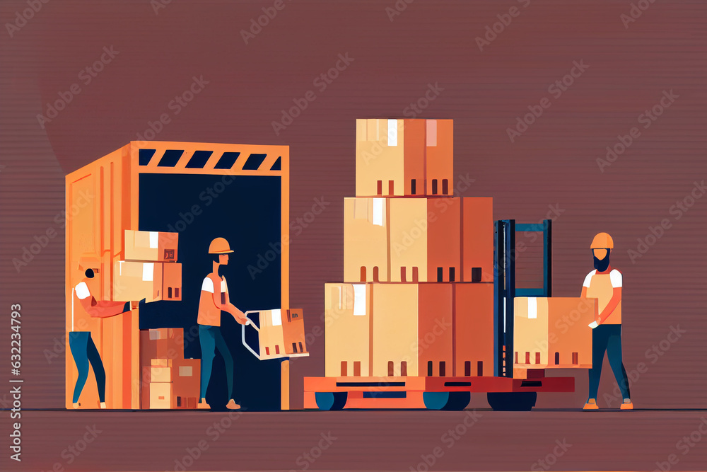 Loading and unloading goods and boxes in the warehouse. A forklift and ...