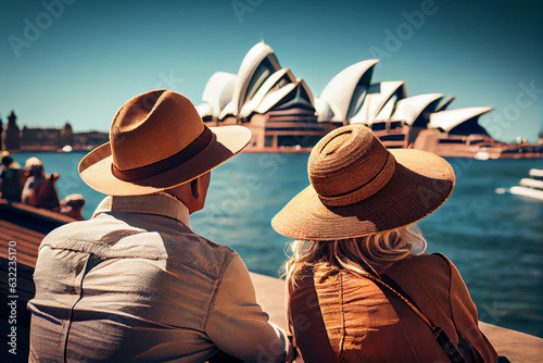 A man and a woman, a family young couple of tourists in straw sombrero hats, view from the back, admire the landscape. Generated by artificial intelligence.