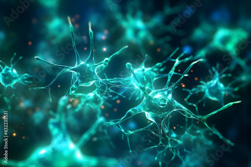 AI Generated illustration, neuron cells, glowing link knots. Neuron cells sending electrical impulses.