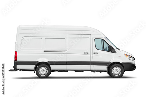 Delivery van side view isolated. Side view of a modern blank cargo minibus. Transparent PNG image.