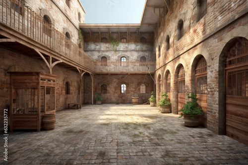 Ancient prison, brick walls. Courtyard. AI generated.