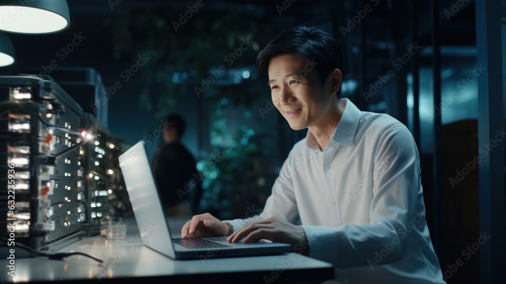 Portrait of Serious Professional Technical Controller in the modern server room of a large IT company. System Control and Monitoring Center In the Background. Generated Ai Portrait of Serious Professional Technical Controller in the modern server room of a large IT company. System Control and Monitoring Center In the Background. Generated Ai