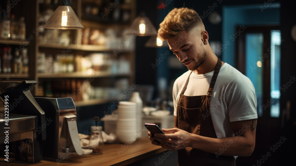 young barista uses the mobile phone to accept payment