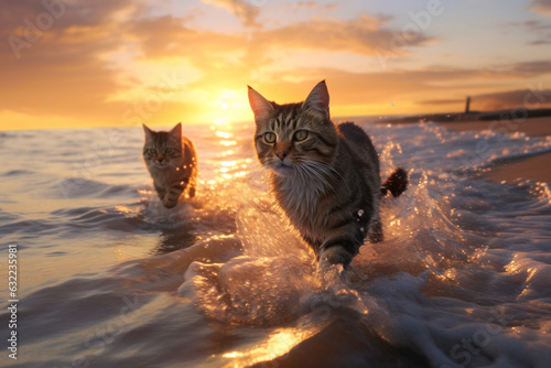 Two cats run in shallow water on a river or sea. Kittens raise splashes of water. AI generated.