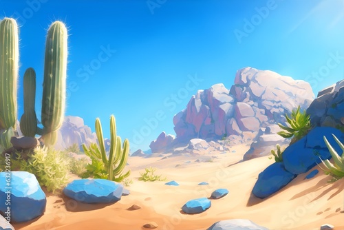 Ilustração estilo aquarela de deserto arenoso com cactos rasteiros, terreno cheio de pedregulhos, e céu azulado. Bela arte de deserto, tamanho hrizontal. photo