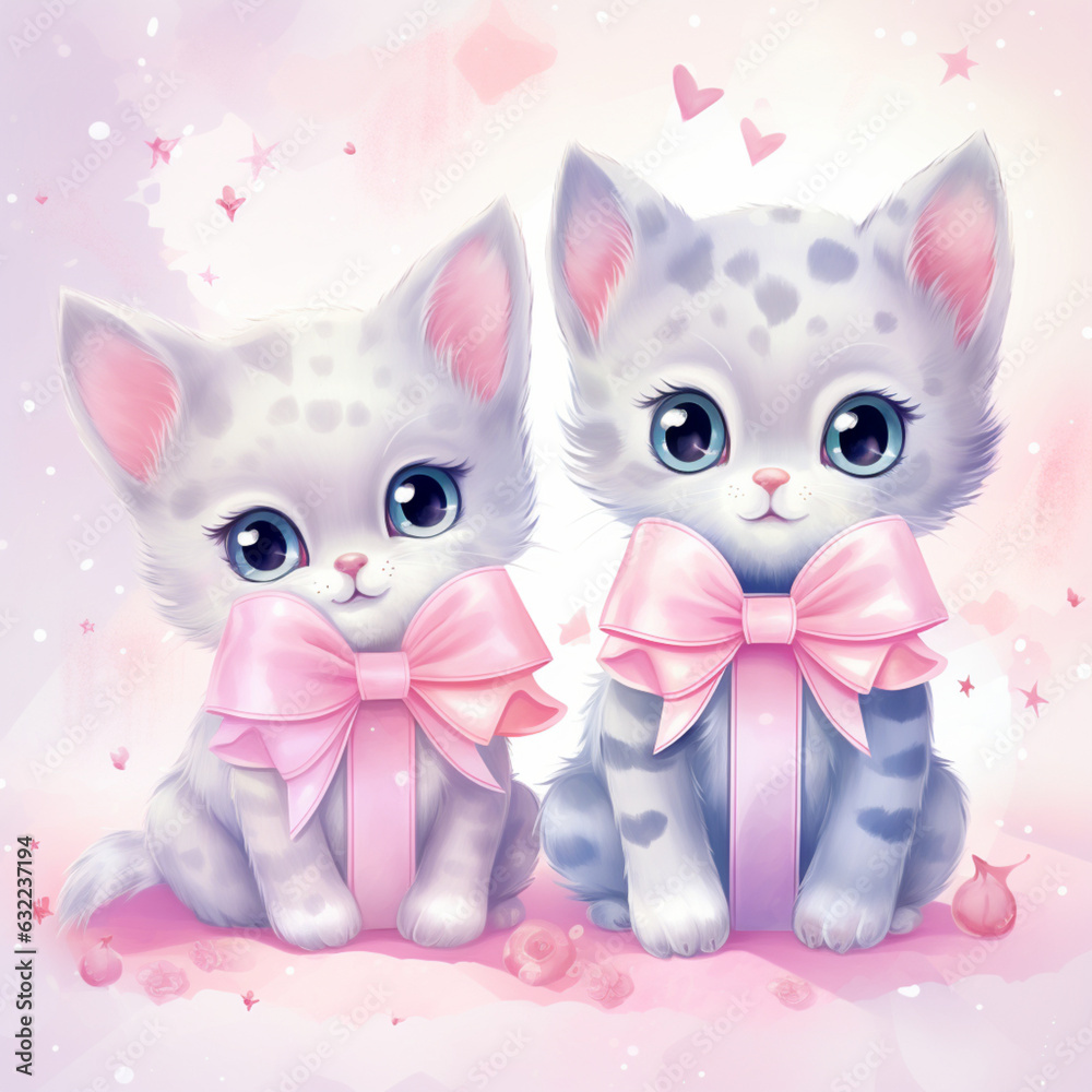 Kawaii Kittens watercolor Super cute kittens with bows and ribbons on a soft pastel Kawaii Kittens watercolor Super cute kittens with bows and ribbons on a soft pastel