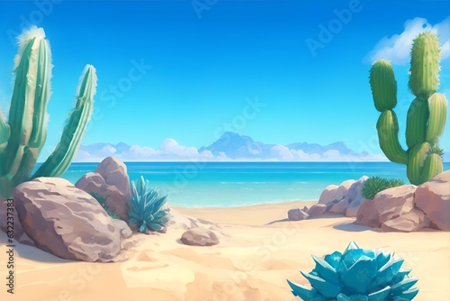 Ilustração digital estilo aquarela fantasia de deserto com cactus e vegetação rasteira. desenho de paisagem quente tropical do litoral nordestino brasileiro. Cactos, areia, pedras e céu azul. photo
