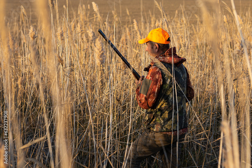 Mature man hunter with gun while walking on field.