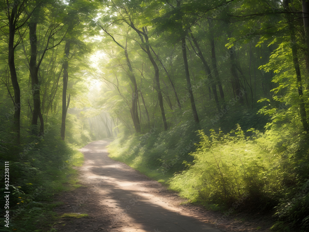 Obraz premium Morning Glory Explorations: Sunlit Forest Trails Unveiling Long Roads through Serene Natural Beauty Generative AI