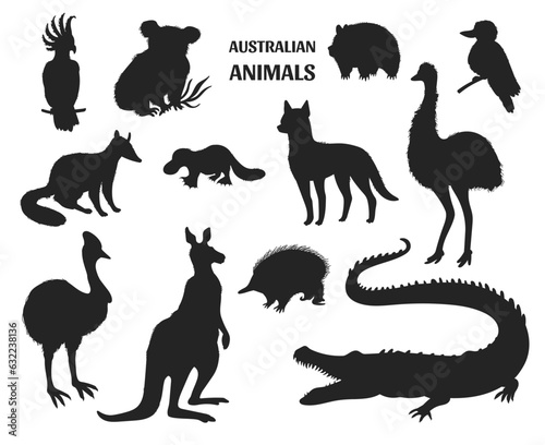 Set of black silhouettes of Australian animals - vector illustration isolated on white background.