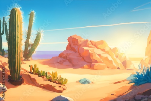 Ilustração digital estilo aquarela fantasia de deserto com cactus e vegetação rasteira. desenho de paisagem quente tropical do litoral nordestino brasileiro. Cactos, areia, pedras e céu azul. photo