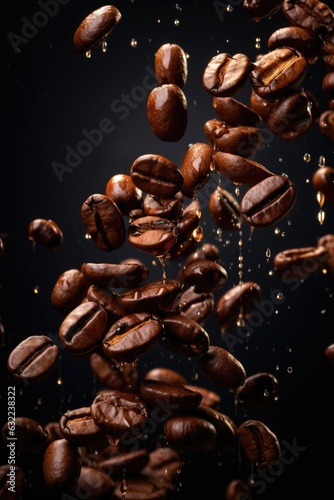 Roasted coffee bean falling in the air against dark background. Generative AI