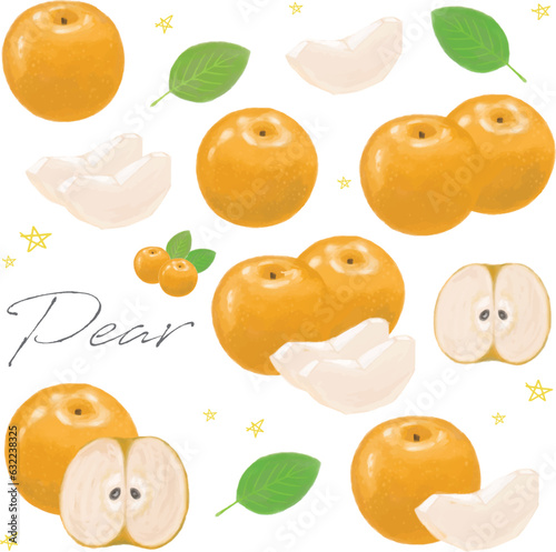なしの手描き水彩セット　なしカット付き　ベクター
