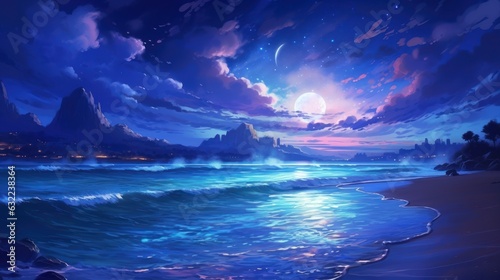Moonlit Beach, serene beach scene bathed in moonlight, with gentle waves and a starry sky game art