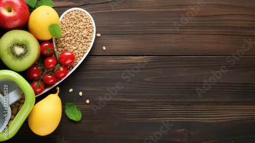  healthy products in the Plate with heart  Wooden Bacground 