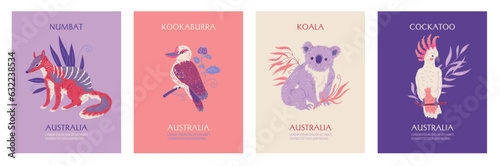 Set of posters or vertical banners with Australian birds and animals flat style