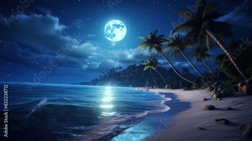 Valokuva Moonlit Beach, serene beach scene bathed in moonlight, with gentle waves and a s