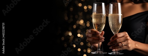 banner of festive hand of woman with flutes of champagne on bokeh background