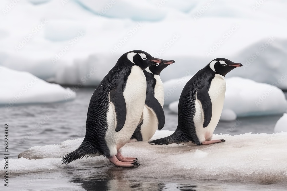 Obraz premium A chinstrap penguin family adventure, a playful trio of gentoo penguins on the glaciers.