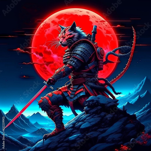 Noble tiger samurai in armor, tiger samurai on the mountain in the full moon