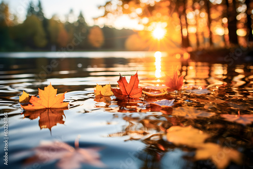 autumn leaves on a lake on a sunrise AI generated art