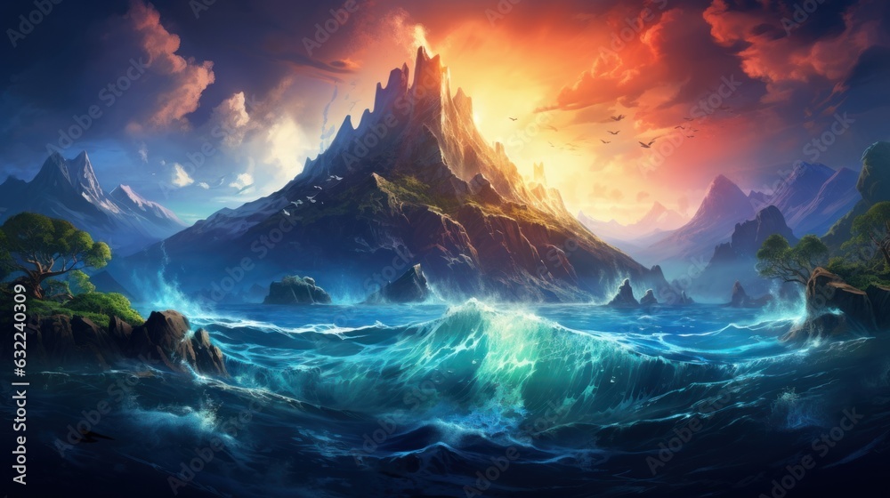 Underwater scene with a majestic volcano erupting beneath the ocean's surface game art