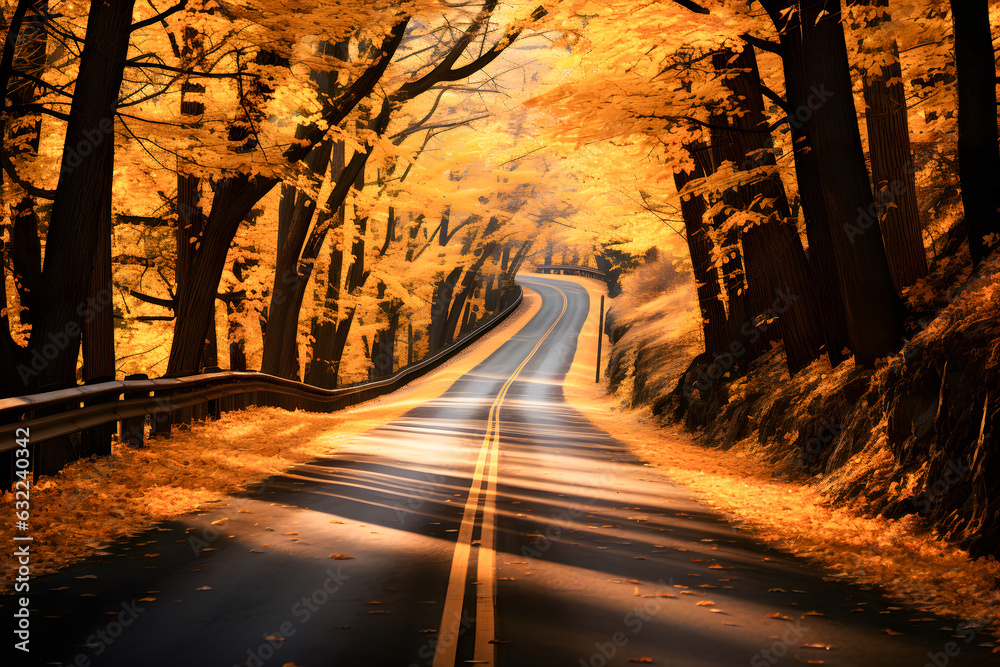road in the forest during fall backdrop AI generated art