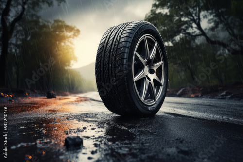 Tire on a wet road. Summer theme with copy space. Stormy weather driving safety concept. Generative Ai