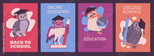 Set of posters or vertical banners with owls about education flat style
