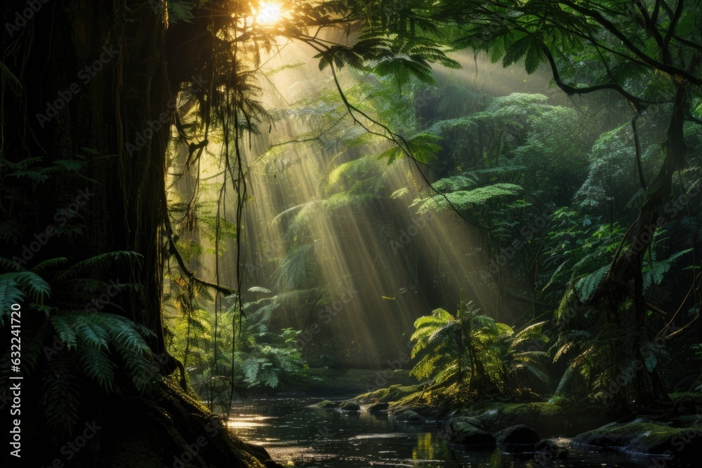 sunlight streaming through dense forest canopy