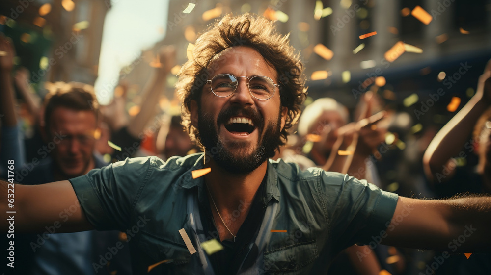 Man celebrating at a Football game, Football Stadium, Confetti. Ai Generated Man celebrating at a Football game, Football Stadium, Confetti. Ai Generated