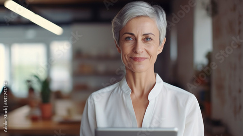 Portrait of a Caucasian older woman with short gray hair holding a tablet. Specialist in the programming department of a large IT company