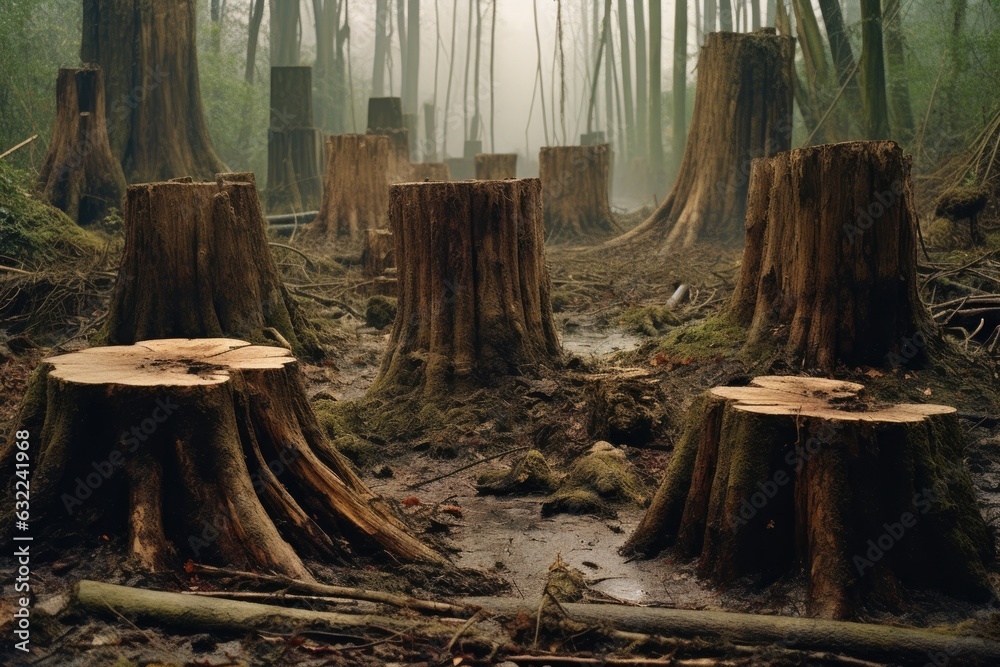 tree stumps in deforested area, sign of human impact tree stumps in deforested area, sign of human impact